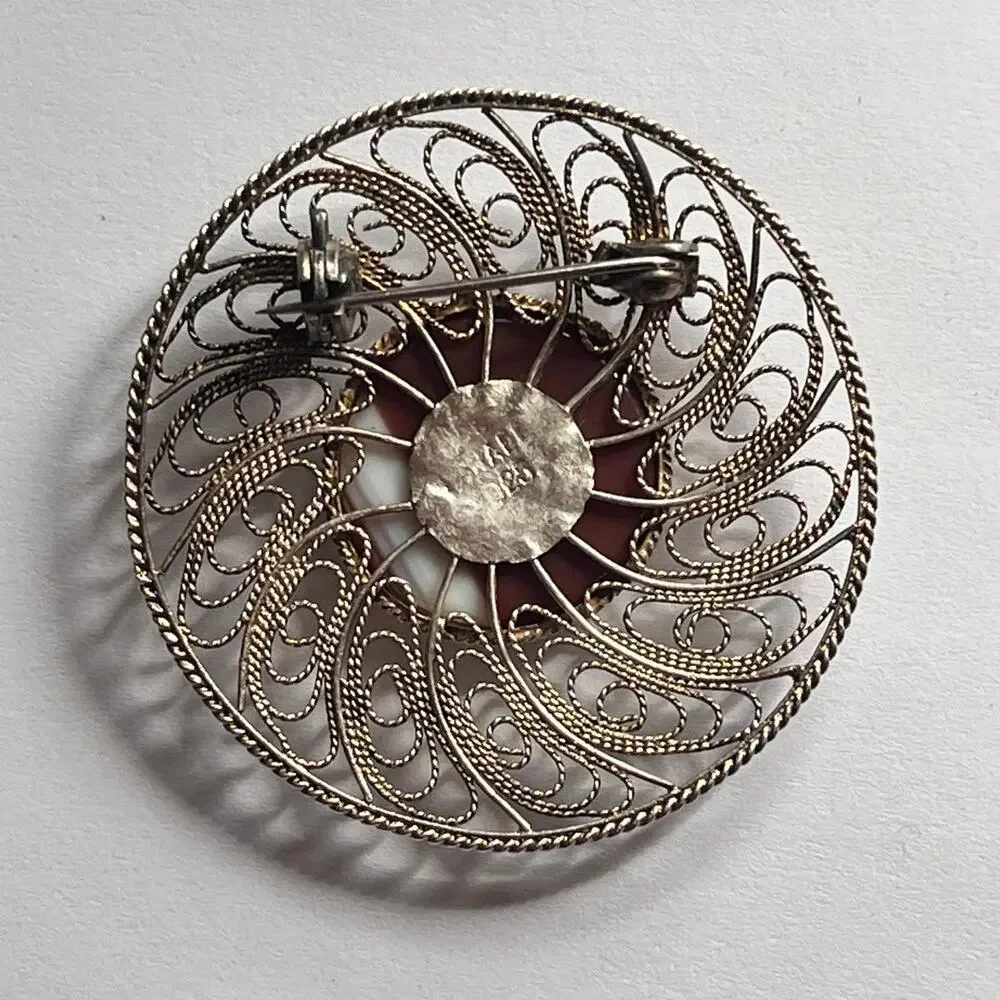 Vintage Sterling Silver Circular Filigree Brooch Made In Israel
